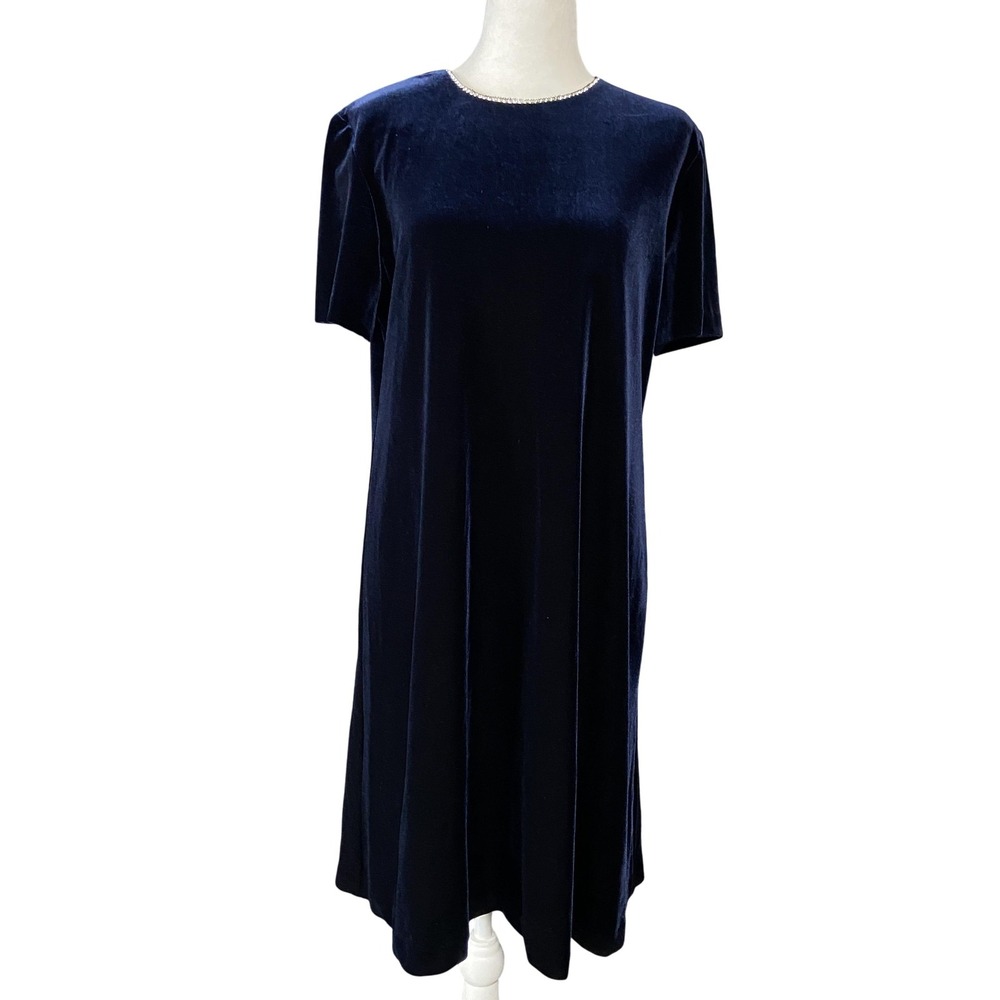 Another Thyme Dress Womens 12 Blue Velvet Short Sleeve Rhinestone‎ Neck Party